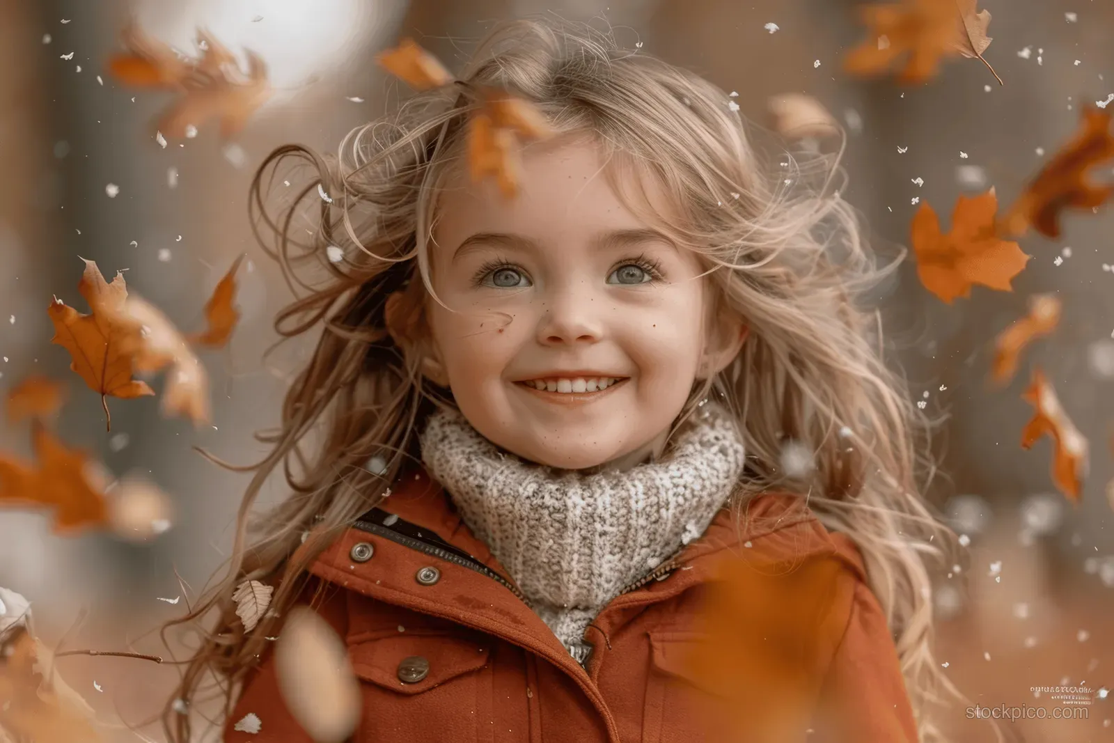 A laughing young girl in a red jacket smiles outdoors as autumn leaves blow around her in warm light.
