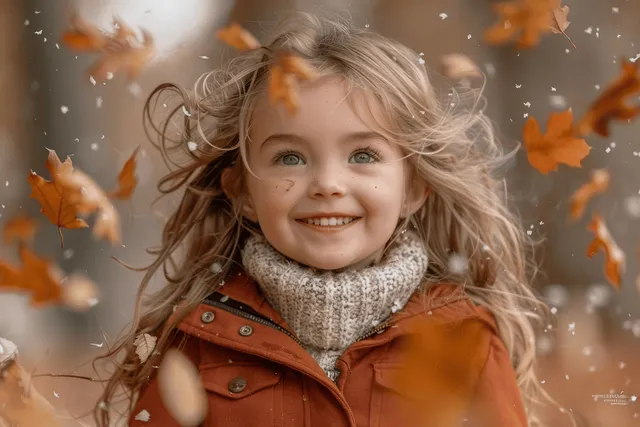 Laughing young girl in red jacket tossing autumn leaves in wind-lit park