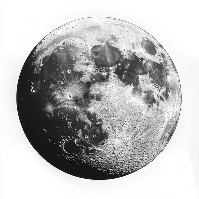 A monochrome moon with visible crater textures and a faint soft halo against a light background.