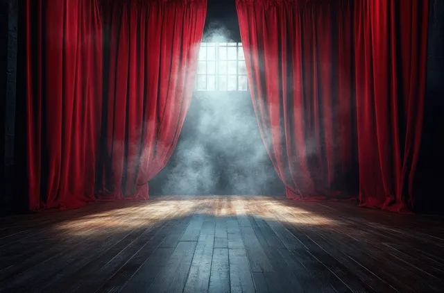 Theater stage opening with red velvet curtains and glowing spotlight through fog
