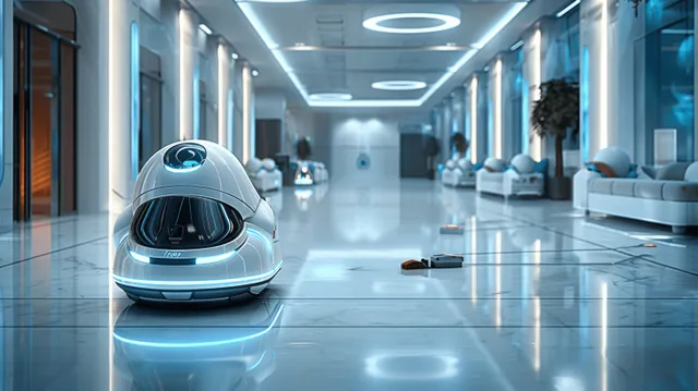 A futuristic robot cleaning machine moves down a hospital hallway while sweeping the glossy floor.