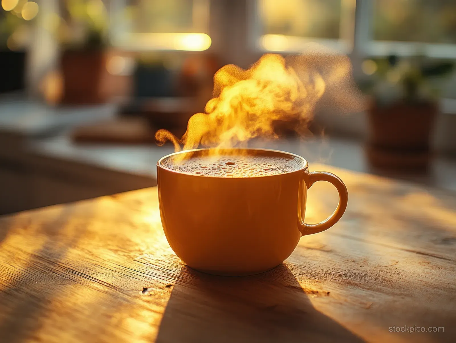 A steaming coffee cup sits on a wooden table in warm morning light.