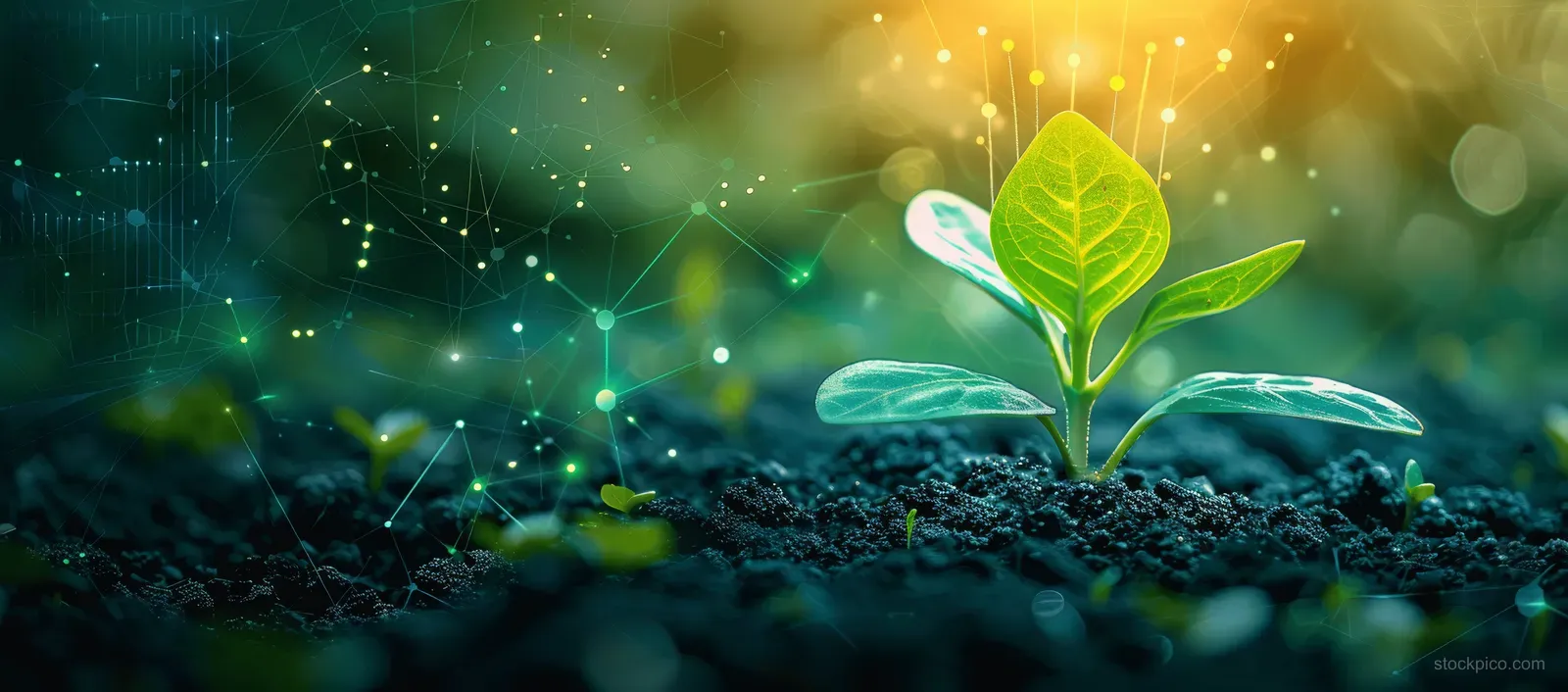 A seedling grows from dark soil with glowing particles and sunlight in the background.