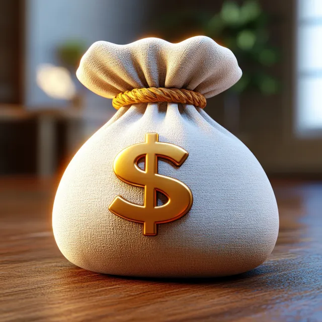 A white fabric money bag tied with brown rope and a golden dollar symbol sits on a wooden table indoors.