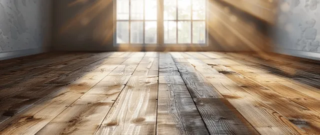 Sunlight streams through a window onto a light wooden parquet floor inside a minimalist empty room.