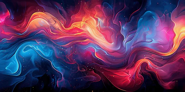 Red and blue liquid paint swirls with glowing electric light effects, abstract background