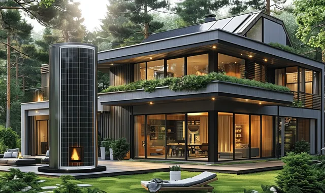 Modern house in a forest at dusk with rooftop solar panels and a glowing heat pump unit by the lawn.