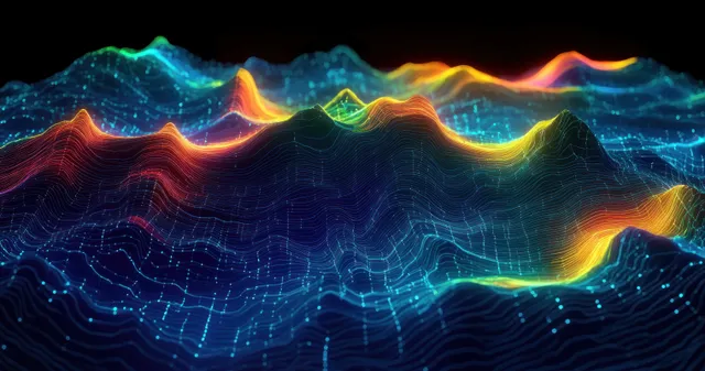 A dark 3D landscape shows neon glowing contour lines wrapping around mountain ridges.