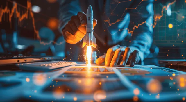 A businessperson ignites a model rocket on a desk with glowing financial chart graphics behind it.