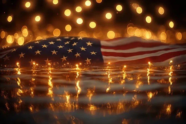 An American flag illuminated by warm fairy lights with golden bokeh reflections in the background.