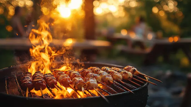 Skewers grilling over open flames on a barbecue outdoors in golden summer evening light.