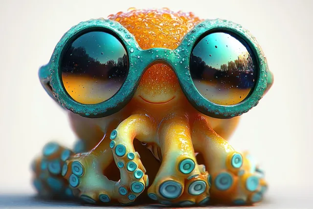Orange octopus in close-up wearing oversized round goggles with reflective lenses showing a landscape.