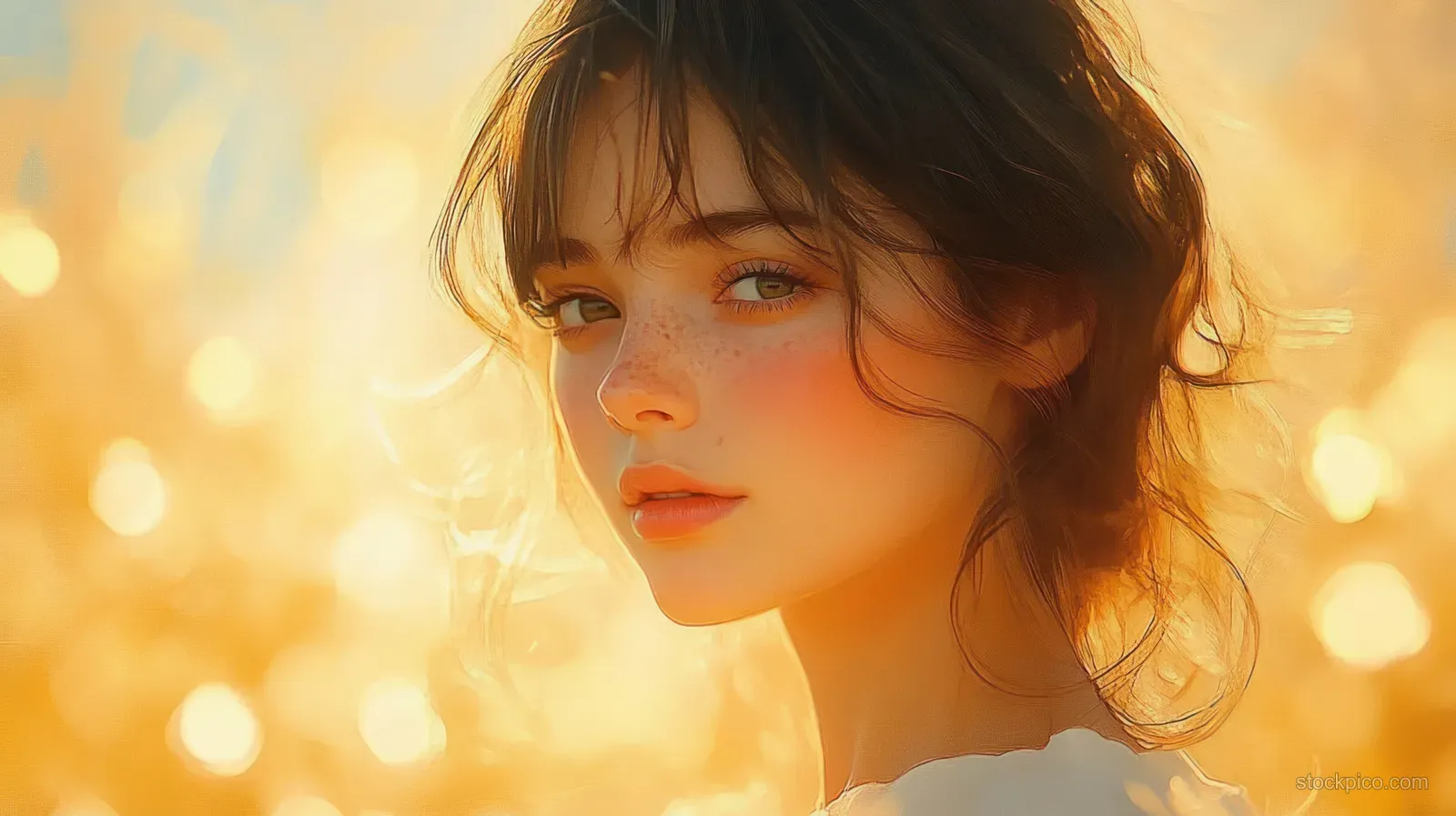 Woman portrait in warm golden sunset light with soft watercolor blur and glowing bokeh background.