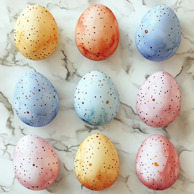 Pastel Easter eggs watercolor pattern scattered on light marble background