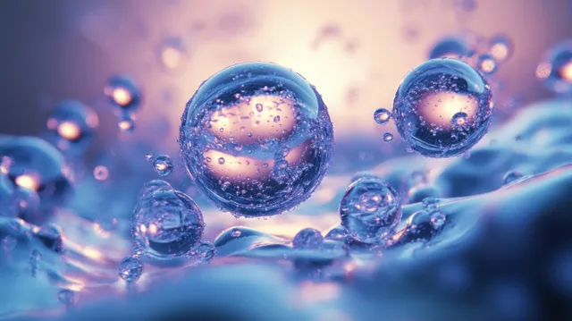 Hyper-realistic water molecule spheres floating in a blue macro aquatic scene with bubbles