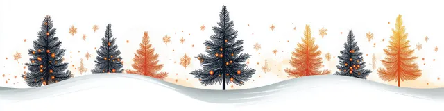 Whimsical winter tree silhouettes with glowing lights and orange star decorations across a white background.