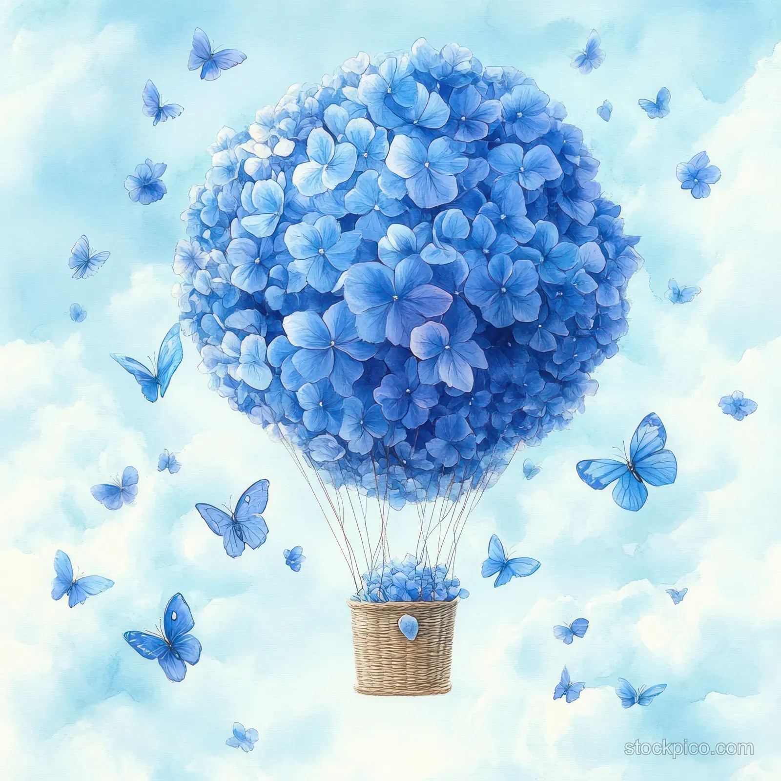 A hot air balloon covered in blue hydrangea flowers floats among butterflies in a soft sky.
