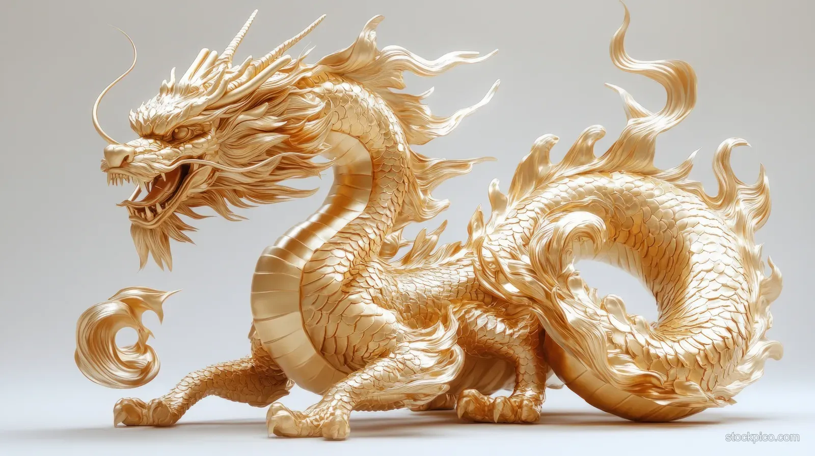 Golden dragon sculpture rearing forward on a white background with glowing highlights along detailed scales.