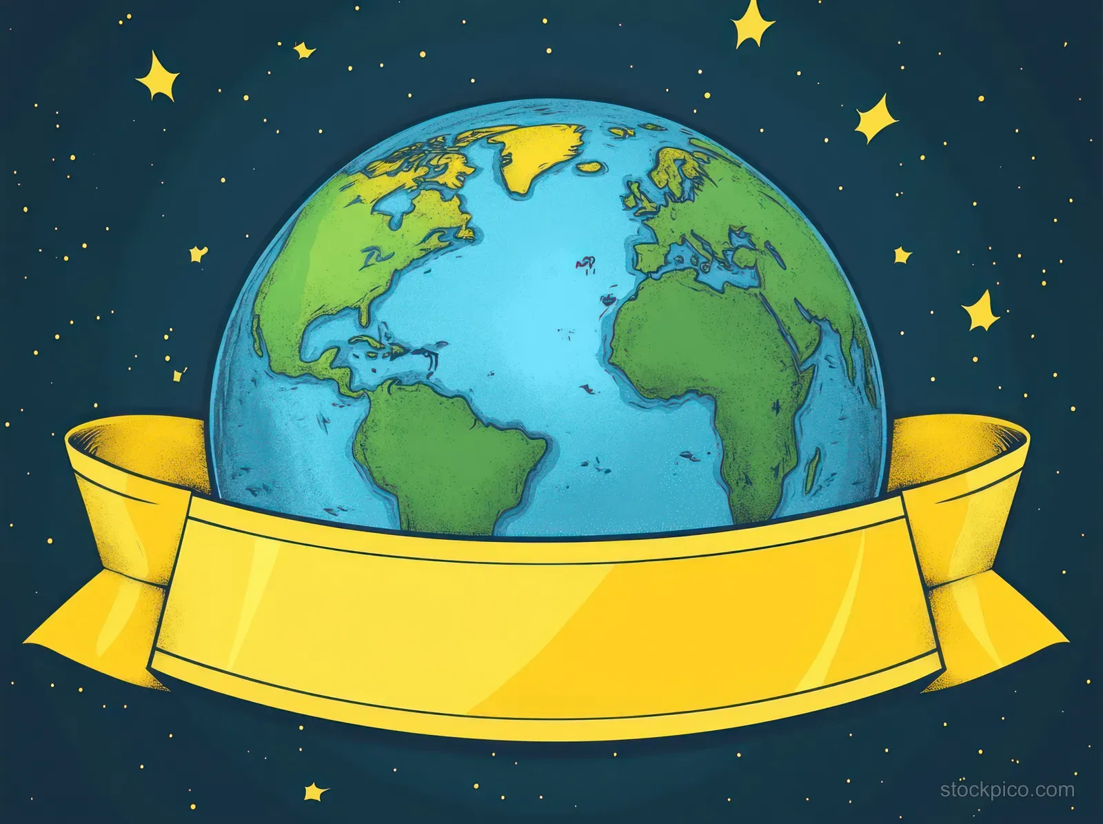Earth floats in a starry space background above a blank yellow ribbon banner.