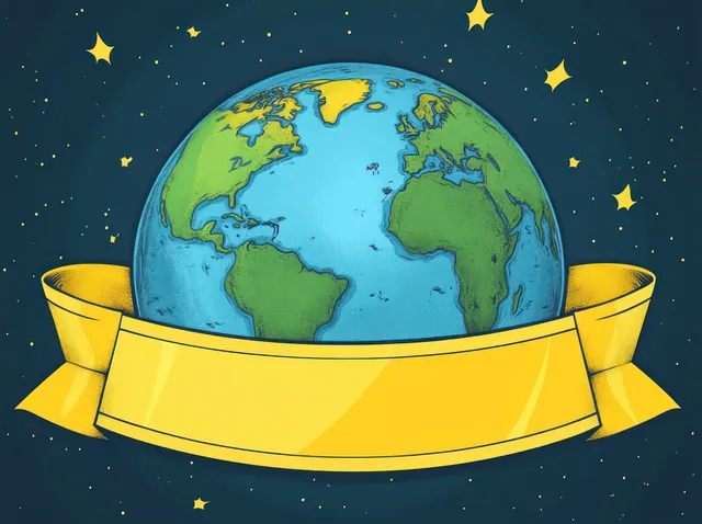 Earth with starry space background and blank yellow ribbon banner