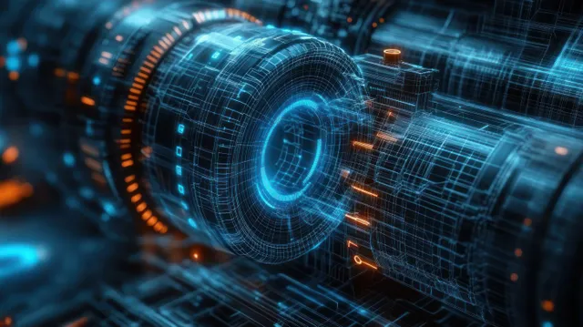 Futuristic cyber-engine housing glowing blue circuit lines and orange energy nodes