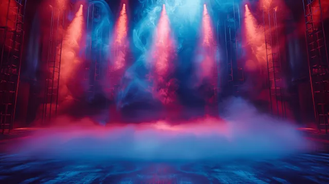 Mysterious empty stage with red walls and blue spotlights through light fog