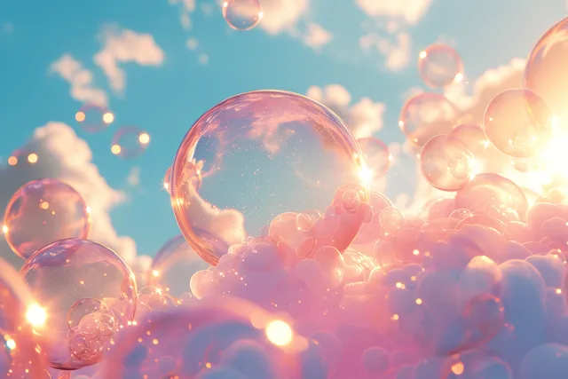 Pastel blue sky filled with rainbow soap bubbles and glowing sunlit sparkles