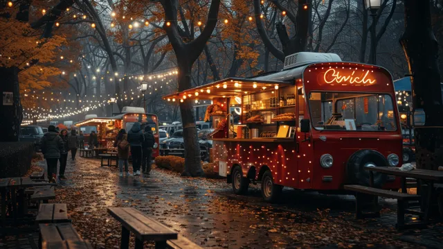 Autumn night food truck festival with glowing coffee cart and warm city square lights
