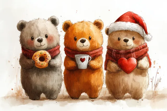 Three watercolor bears stand together on white, one wearing a red Santa hat and holding a heart and donut.