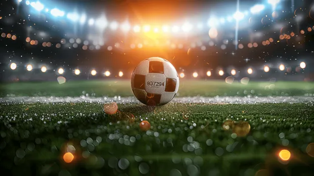 Soccer ball on green field as stadium lights flare in night match atmosphere