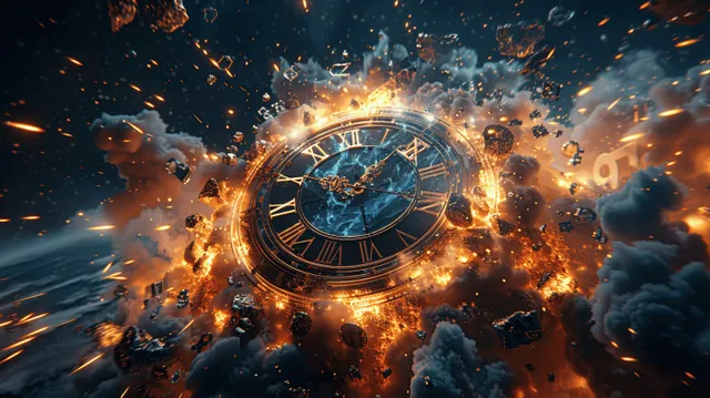 Broken Roman clock explodes in space, sparks and debris forming a time warp tunnel