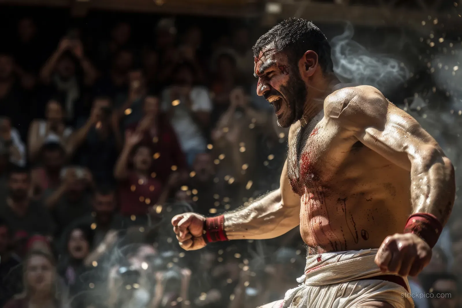 A Turkish Greco-Roman wrestler clinches an opponent with dust in the air and an excited crowd behind them.