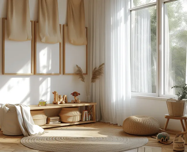 Scandinavian kids room interior with wooden framed decor, toys on a small table, and bright window light on neutral rugs.