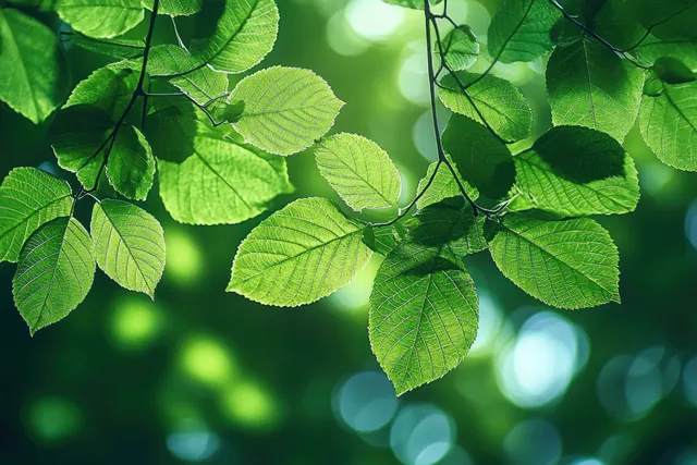 Chestnut leaves on a branch glow with backlit sunlight and soft green bokeh in the background.