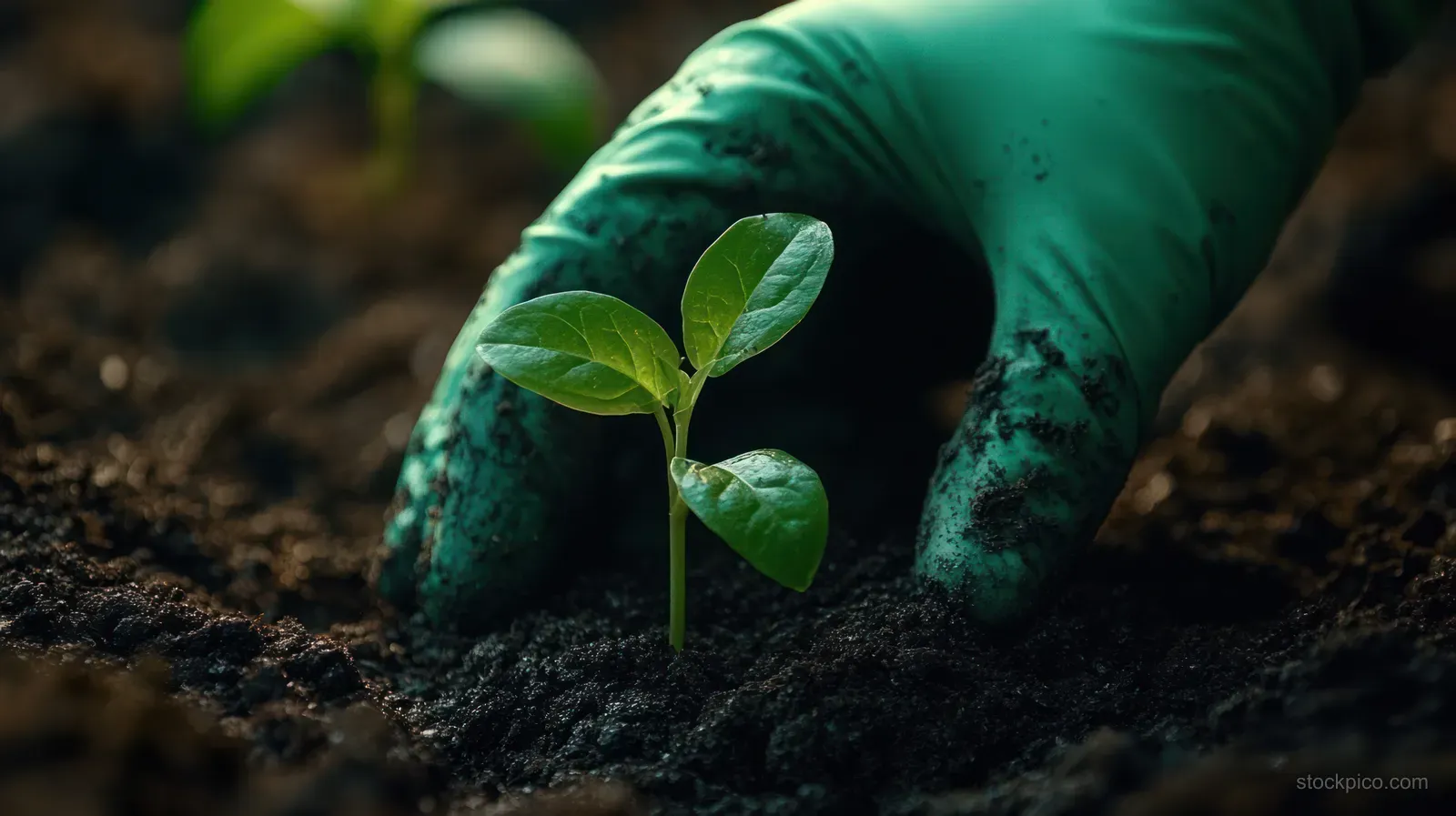 A gloved hand plants a small green seedling in dark soil.
