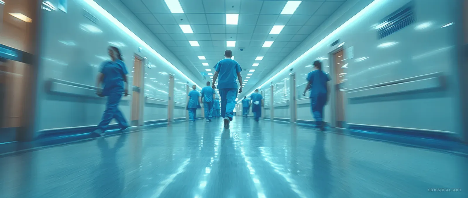 Doctors and nurses in blue scrubs walk down a bright hospital corridor with motion blur under fluorescent lights.