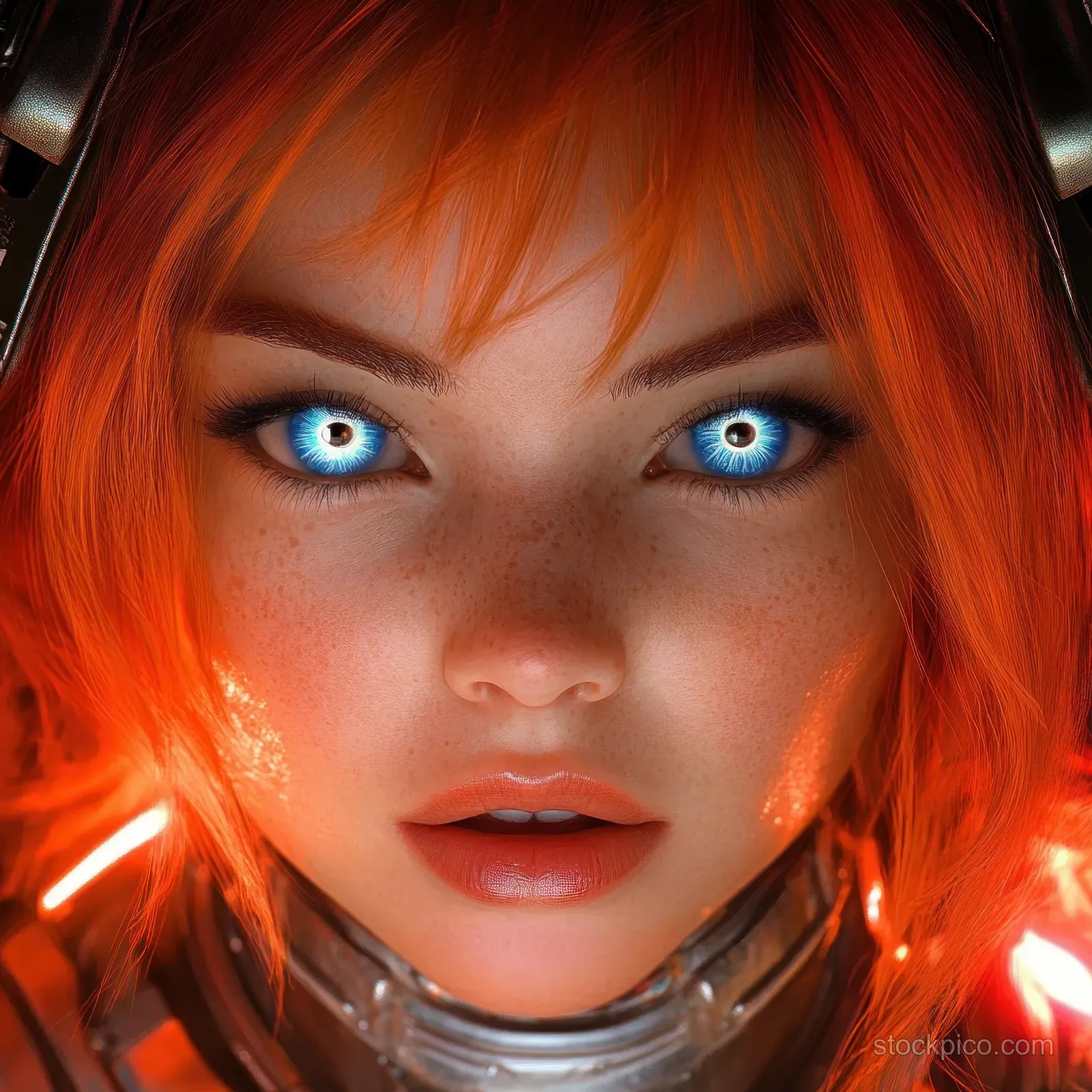 Cyberpunk woman portrait with vivid red hair, glowing blue eyes, and a metallic armor collar under orange neon light.
