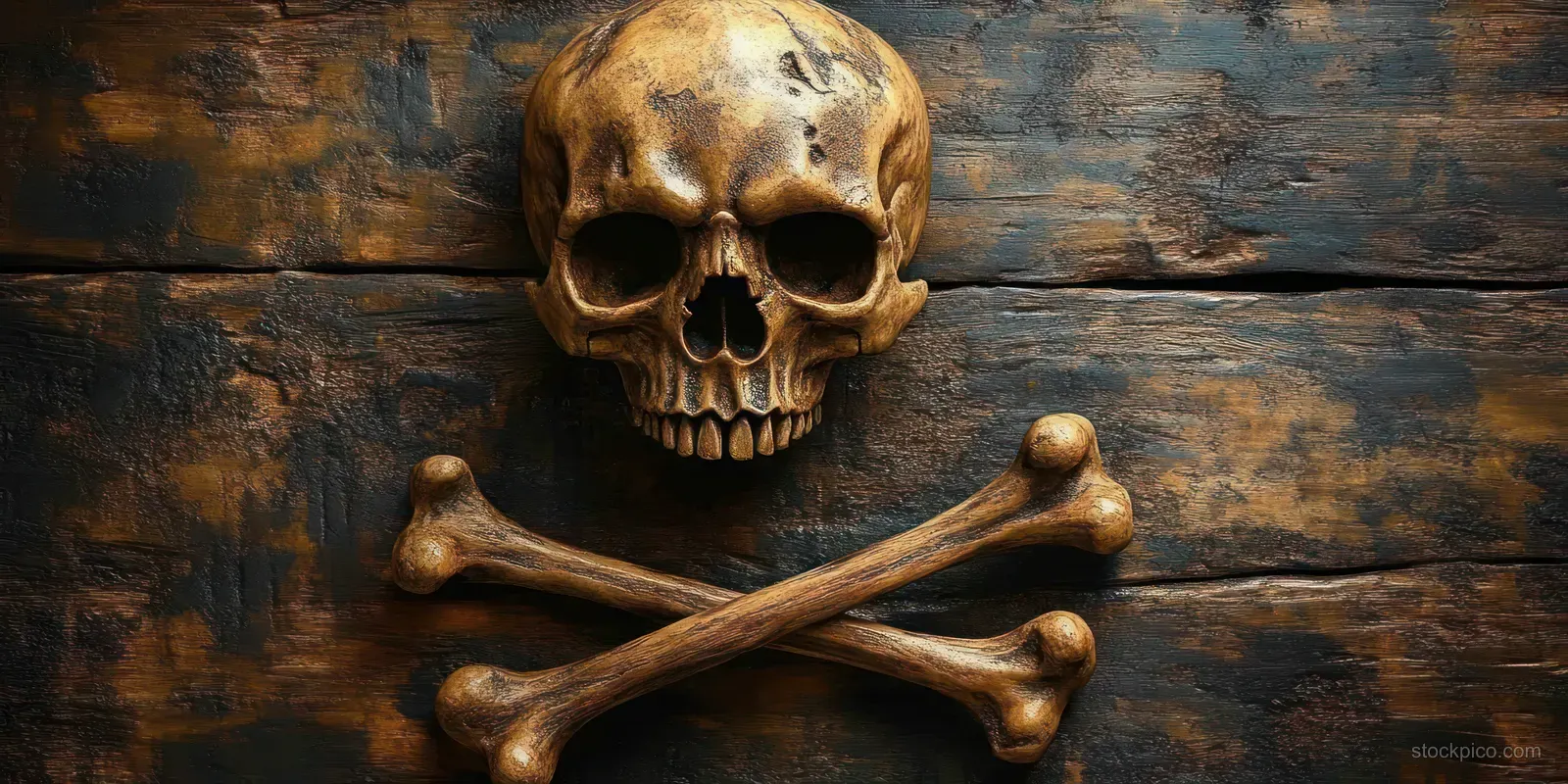 Halloween skull and crossbones rest on weathered wooden planks with a warm dim light.
