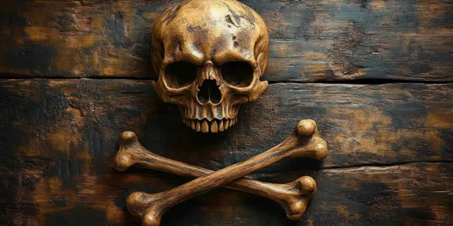 Halloween skull and crossbones rest on weathered wooden planks with a warm dim light.