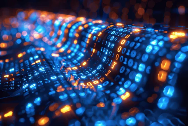 Glowing blue binary code streams across a digital cyberspace matrix background