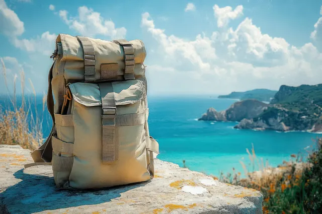 Beige backpack resting on a stone ledge overlooking turquoise sea and distant rocky coastline under partly cloudy sky.