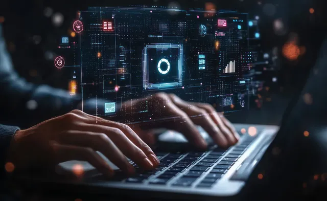 Hands typing on a laptop with glowing agile sprint dashboard and project workflow overlays on the screen.