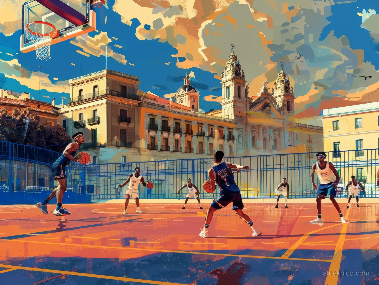 Basketball players dribble and pass on an outdoor court with Spanish cathedral towers and colorful buildings in the background.