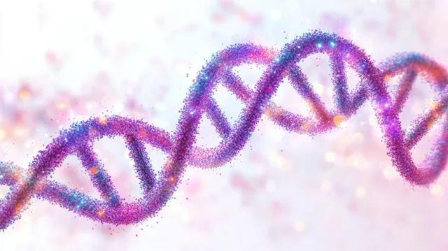 Colorful particle DNA double helix helix spiraling across a soft light background with a subtle glow.