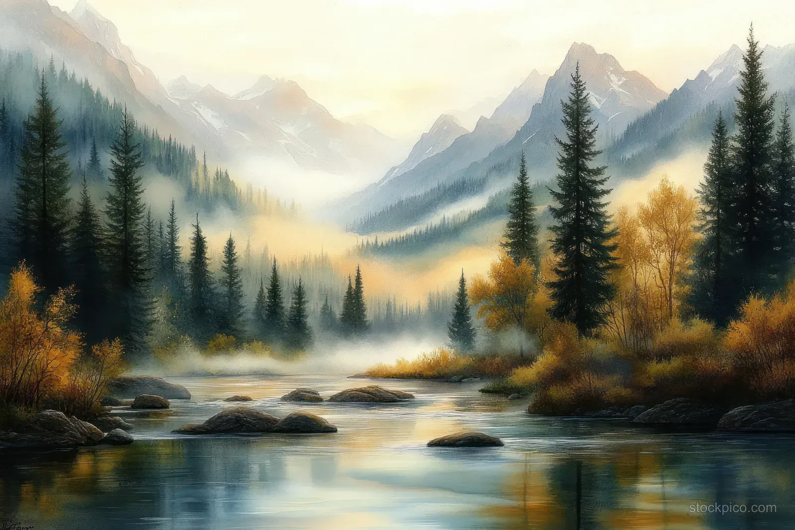 Misty mountain river with rocks flowing through pine and autumn trees beneath warm golden dawn light.