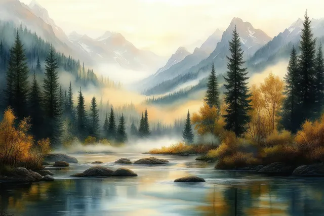Misty mountain river winding through pine forest and autumn foliage under golden dawn light