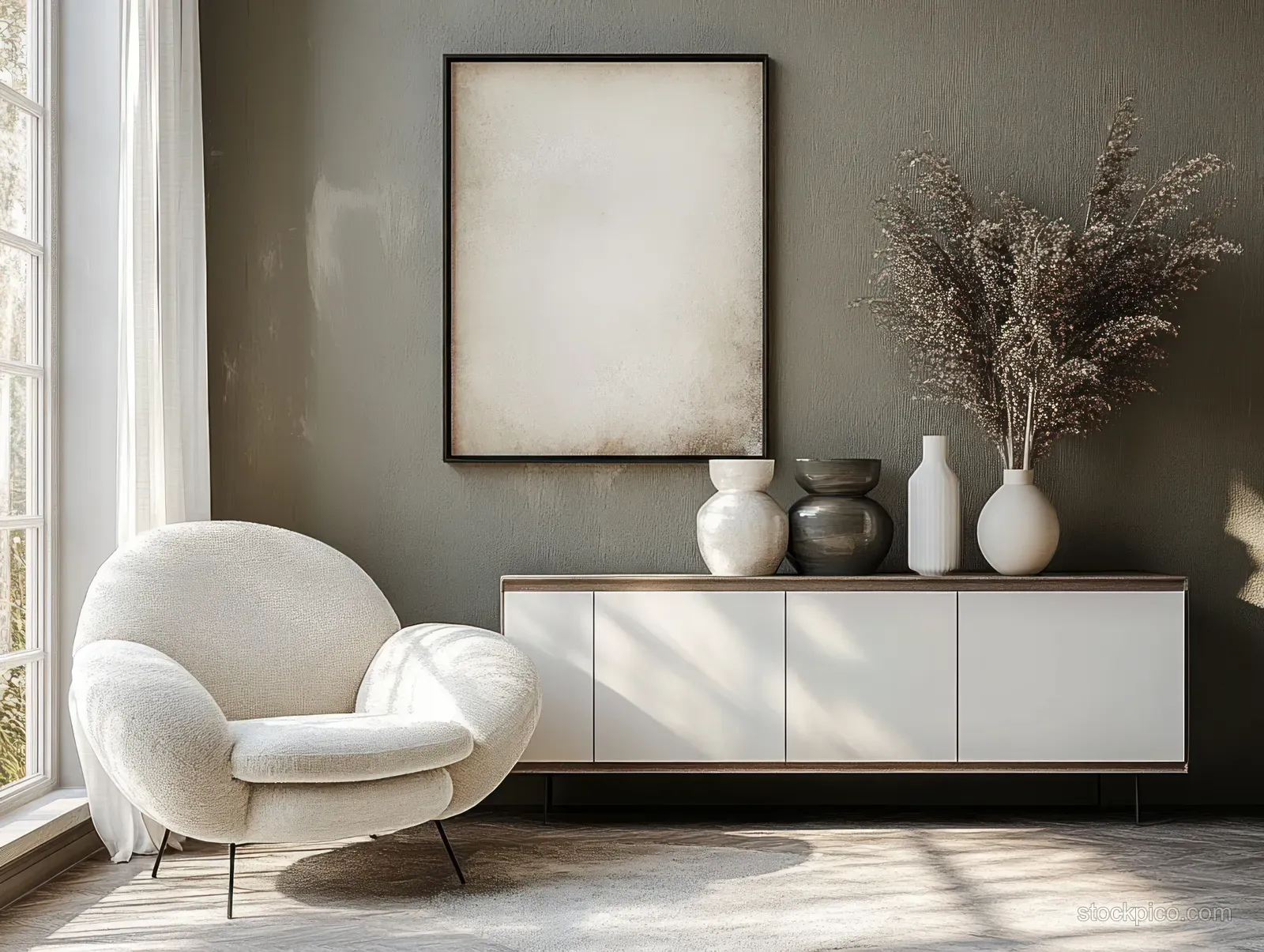 Curved white armchair next to a long sideboard with vases and a framed artwork in soft sunlit light.