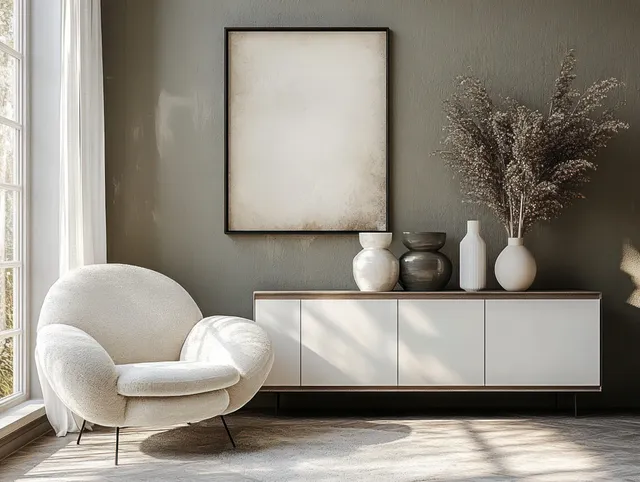 Curved white armchair next to a long sideboard with vases and a framed artwork in soft sunlit light.