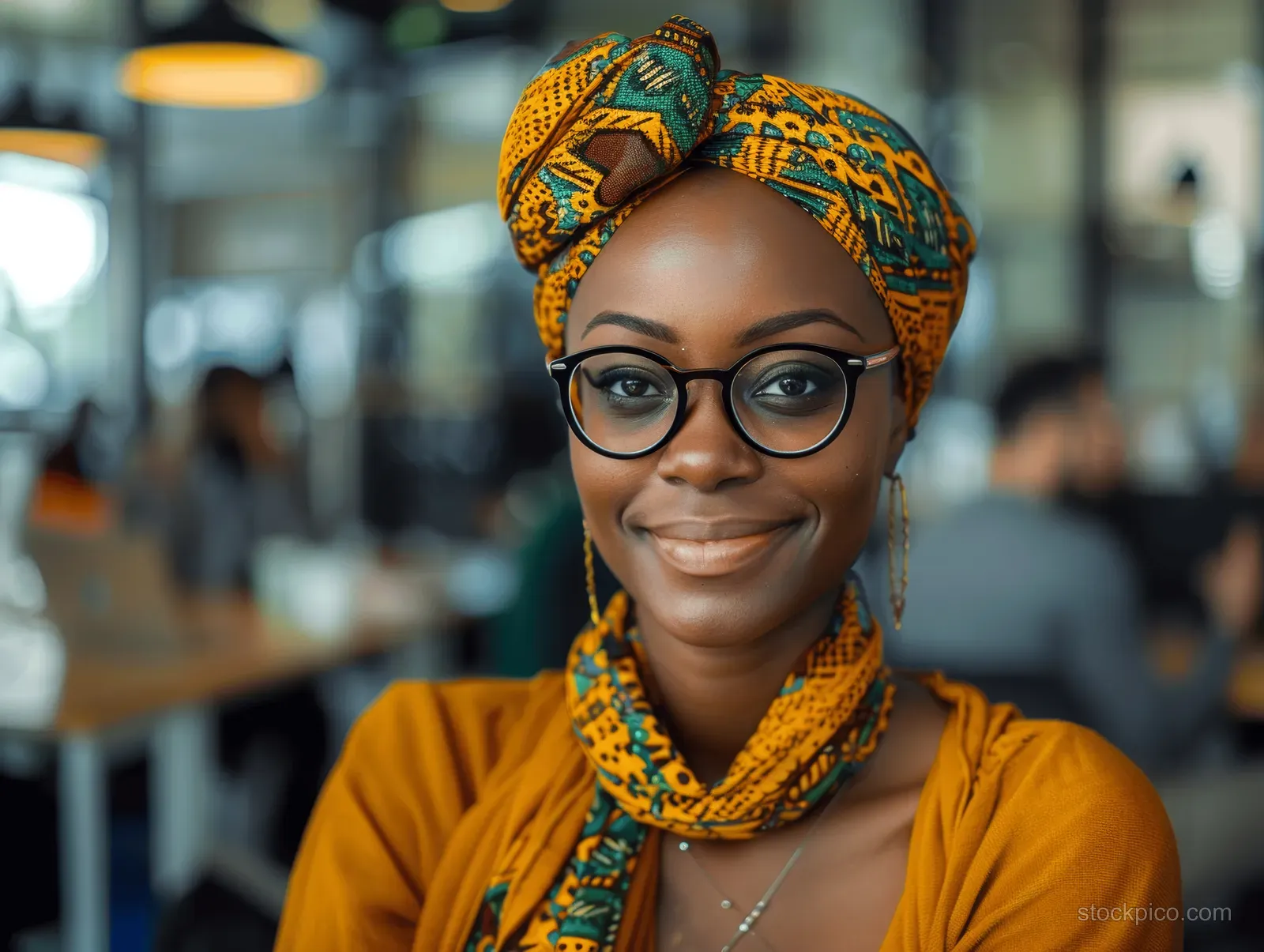 Smiling black woman with a vibrant headwrap and glasses leads a team meeting in a modern office while coworkers work behind her.