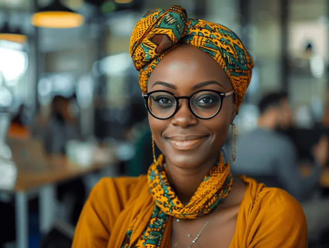 Smiling black woman with a vibrant headwrap and glasses leads a team meeting in a modern office while coworkers work behind her.